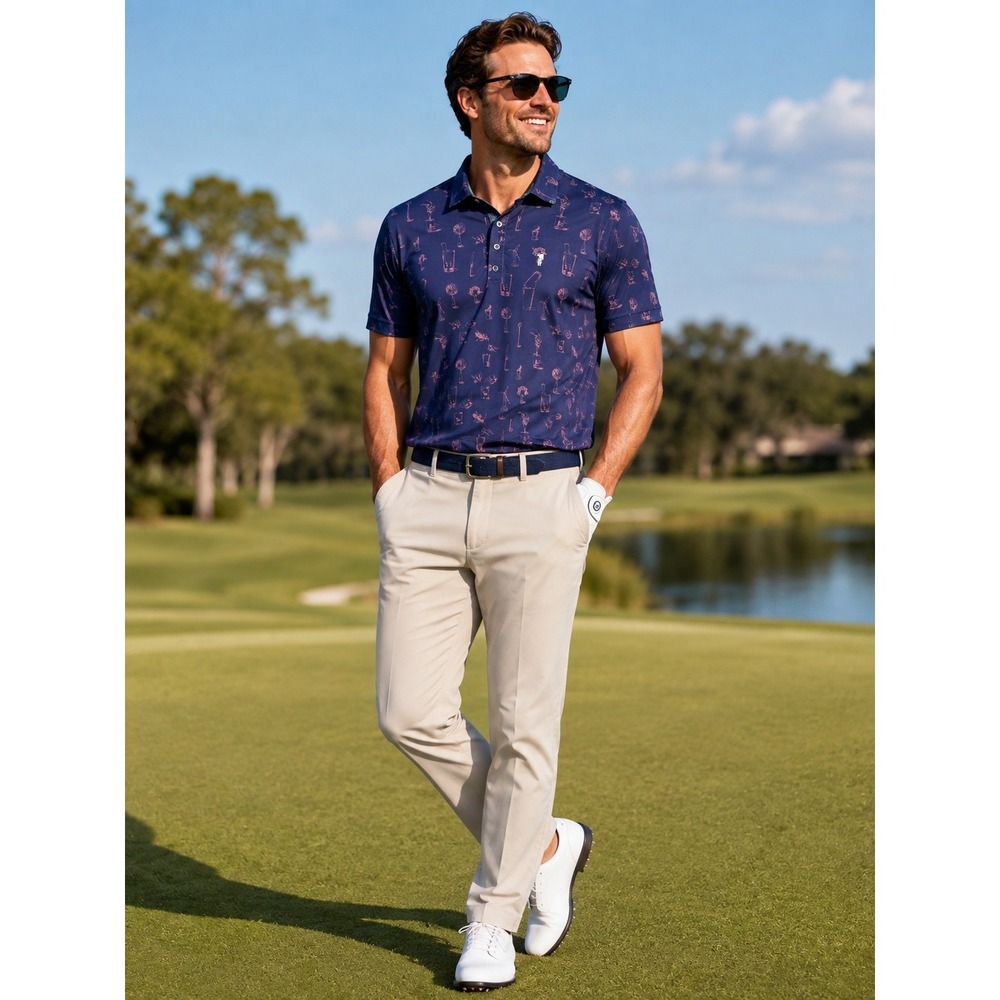 William Murray Golf Mens Large Navy Pink Cocktail Print Performance Polo Shirt